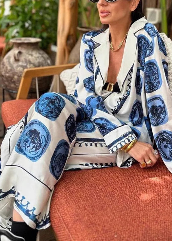 Blue V Neck Print Shirts and Wide Leg Pants Two Piece Set Fall