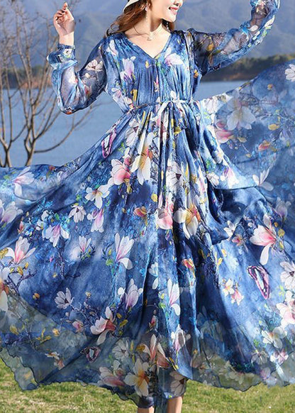 Blue V Neck Print Tie Waist Chiffon Long Dress Long Sleeve
