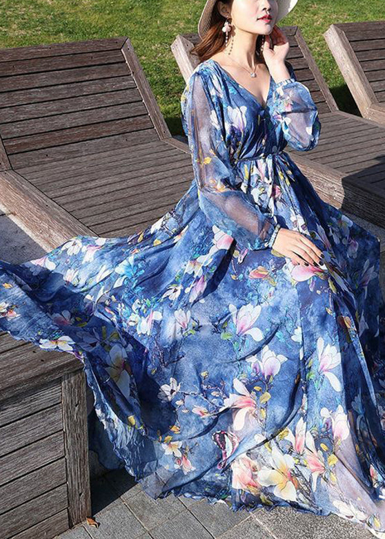 Blue V Neck Print Tie Waist Chiffon Long Dress Long Sleeve