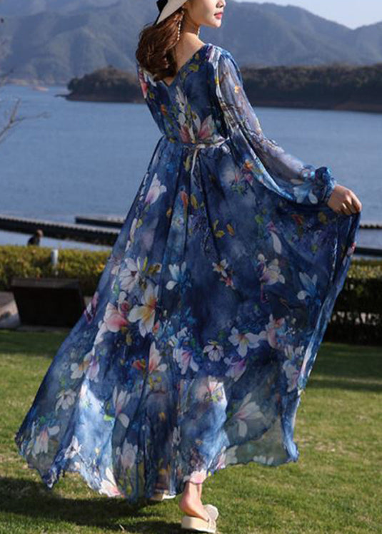Blue V Neck Print Tie Waist Chiffon Long Dress Long Sleeve