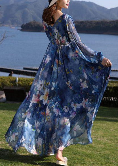 Blue V Neck Print Tie Waist Chiffon Long Dress Long Sleeve