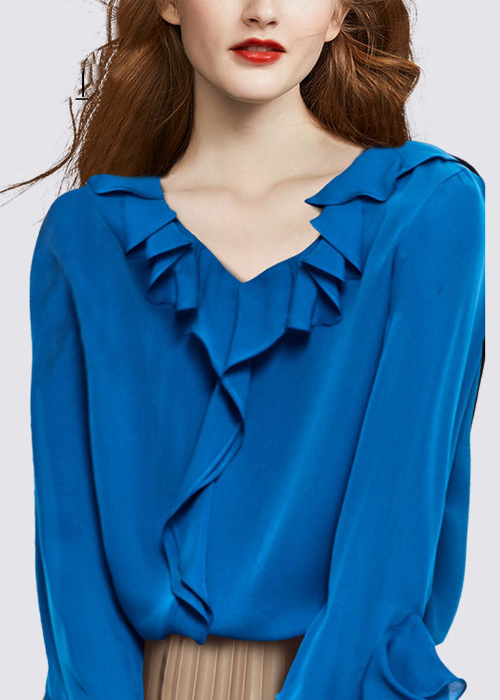 Blue V Neck Ruffled Chiffon Shirt Top Long Sleeve