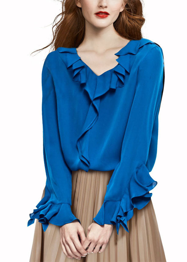 Blue V Neck Ruffled Chiffon Shirt Top Long Sleeve