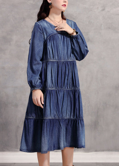 Blue V Neck Wrinkled Patchwork Denim Long Dress Long Sleeve