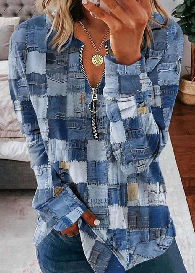 Blue Zip Up Print Patchwork Cotton Blouses Long Sleeve