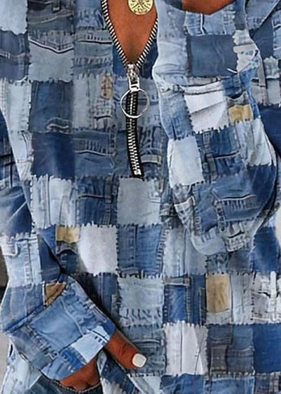 Blue Zip Up Print Patchwork Cotton Blouses Long Sleeve