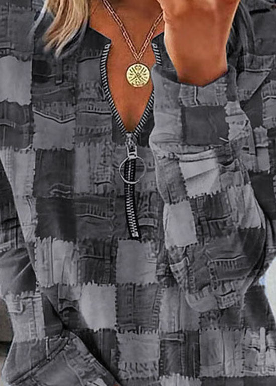 Blue Zip Up Print Patchwork Cotton Blouses Long Sleeve