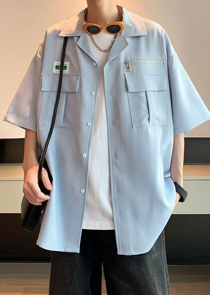 Blue Zippered Pockets Cotton Shirt Half Sleeve