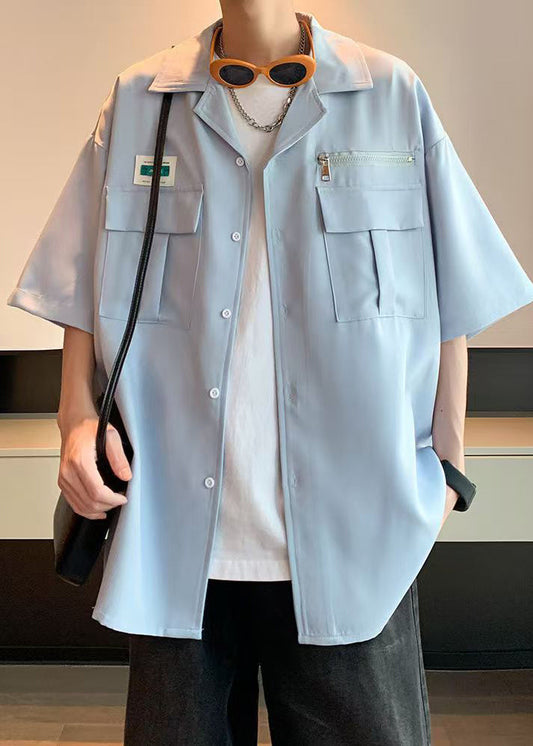 Blue Zippered Pockets Cotton Shirt Half Sleeve