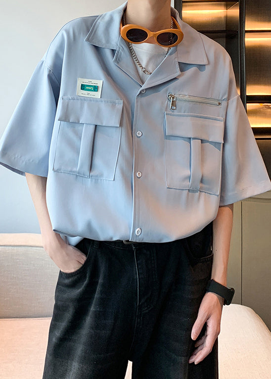 Blue Zippered Pockets Cotton Shirt Half Sleeve