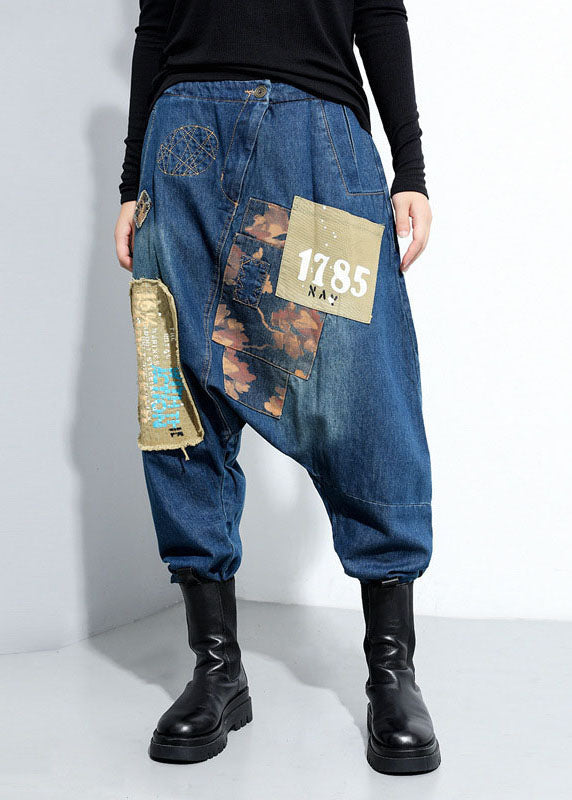 Blue Pockets Patchwork Harem Pants Spring