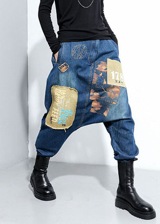 Blue Pockets Patchwork Harem Pants Spring