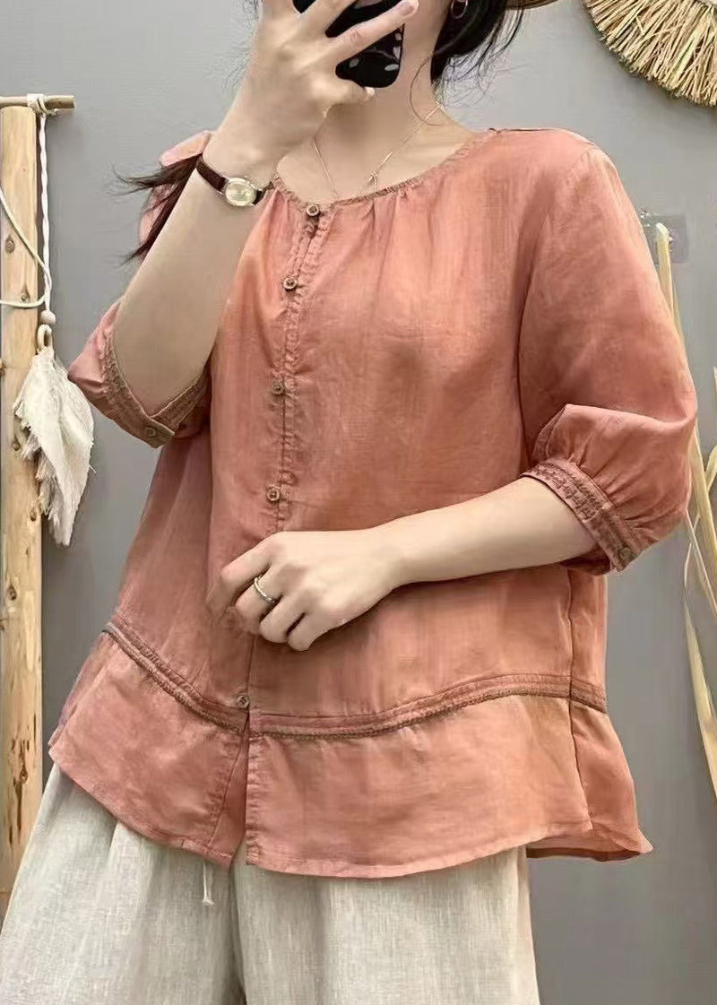Brick Red Embroidered Patchwork Cotton Blouse Tops Summer