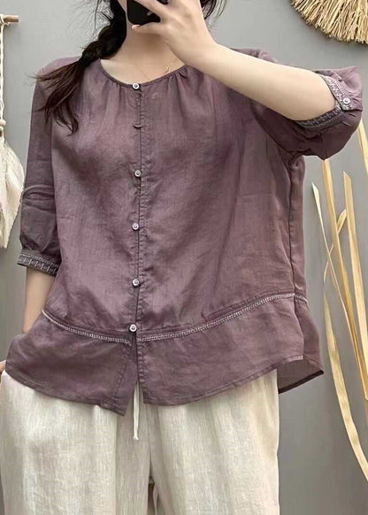 Brick Red Embroidered Patchwork Cotton Blouse Tops Summer