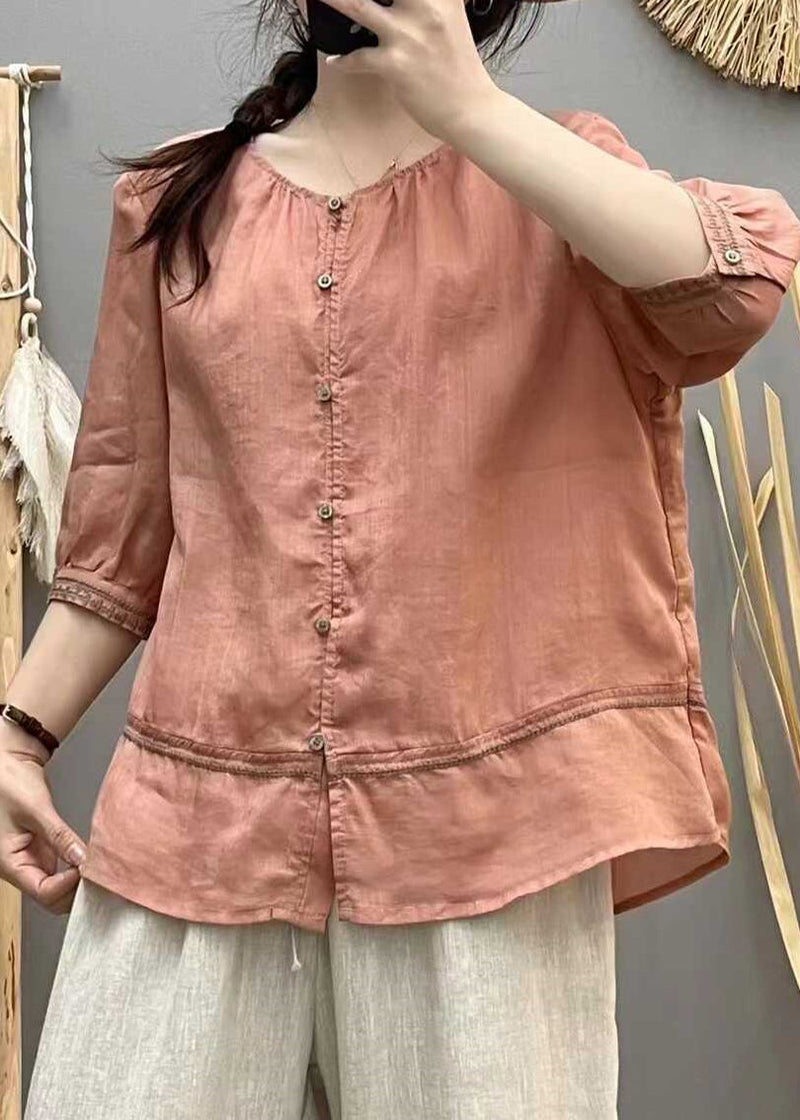 Brick Red Embroidered Patchwork Cotton Blouse Tops Summer