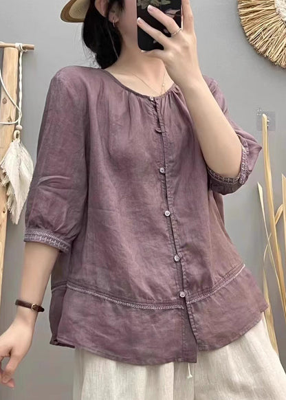 Brick Red Embroidered Patchwork Cotton Blouse Tops Summer