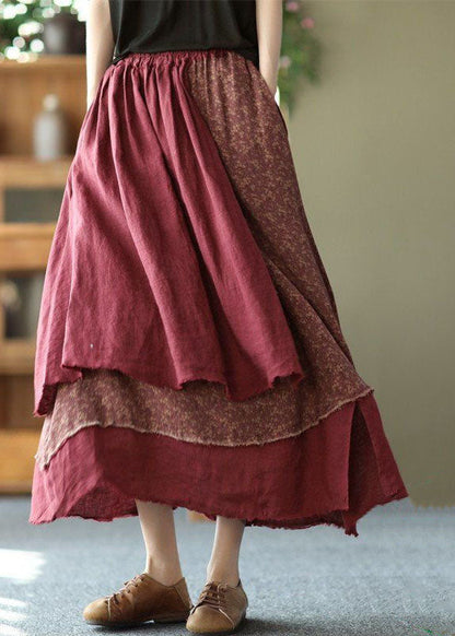 Brick Red Print Asymmetrical Patchwork Cotton Skirt Spring