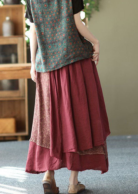 Brick Red Print Asymmetrical Patchwork Cotton Skirt Spring