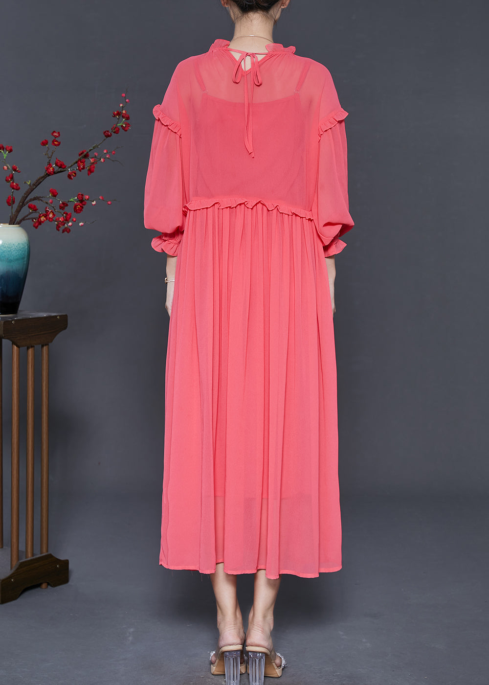 Brick Red Ruffled Chiffon Ankle Dress Spring