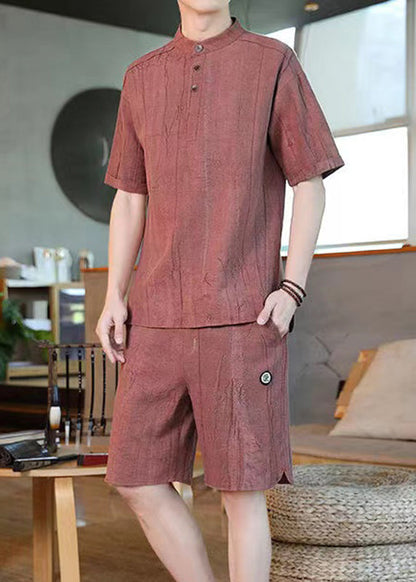 Brick Red Striped T Shirt and Shorts Two Pieces Set Summer