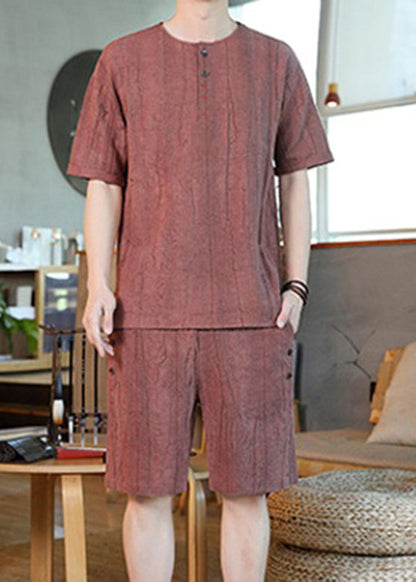 Brick Red Striped T Shirt and Shorts Two Pieces Set Summer