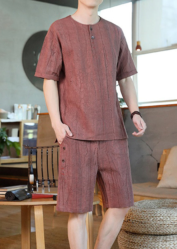 Brick Red Striped T Shirt and Shorts Two Pieces Set Summer