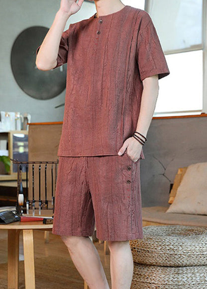 Brick Red Striped T Shirt and Shorts Two Pieces Set Summer