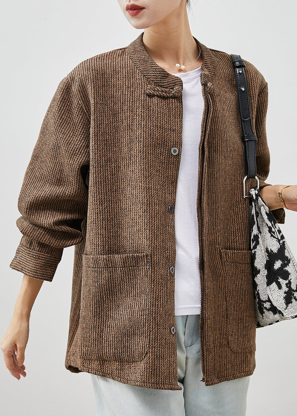 Brown Chinese Button Pockets Cotton Coats Spring