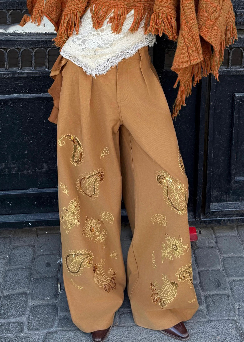 Brown Embroidered Asymmetrical Sequins Wide Leg Pants Spring