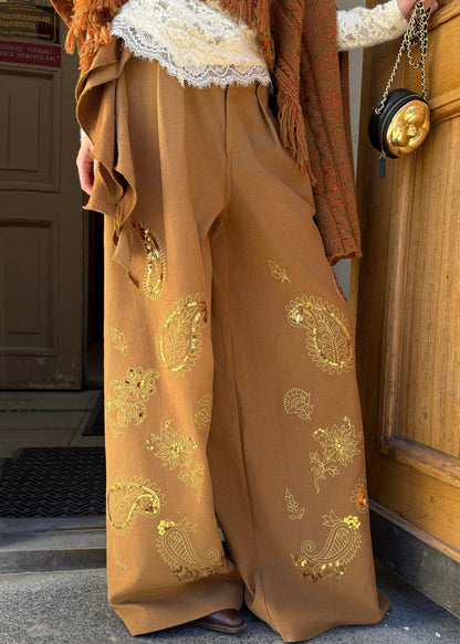Brown Embroidered Asymmetrical Sequins Wide Leg Pants Spring