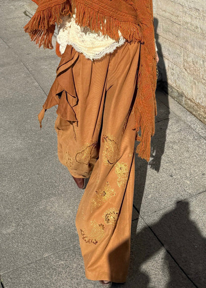 Brown Embroidered Asymmetrical Sequins Wide Leg Pants Spring