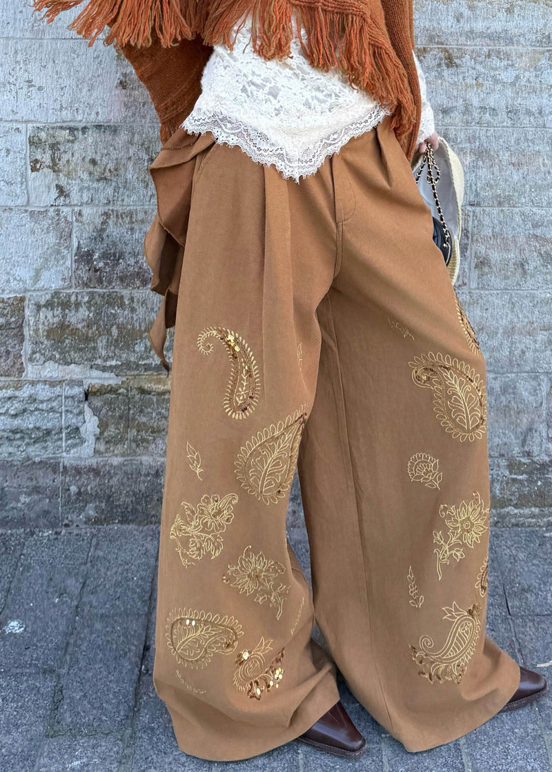 Brown Embroidered Asymmetrical Sequins Wide Leg Pants Spring