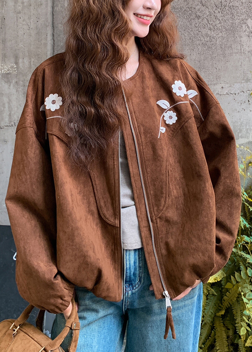 Brown Embroidered Faux Suede Jacket Spring