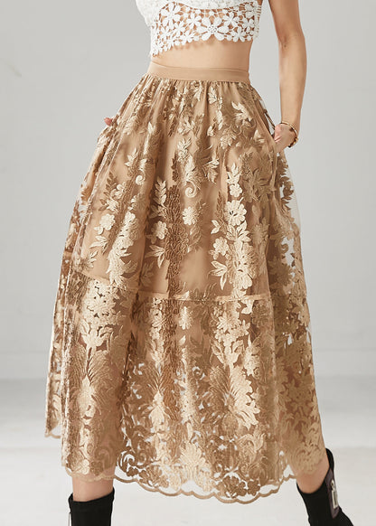 Brown Embroidered Tulle a Line Skirts Spring