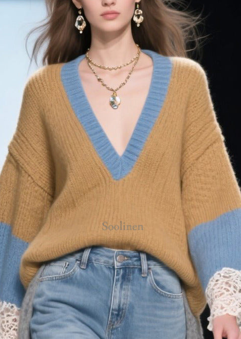 Brown Low High Design Patchwork Long Sweaters Winter
