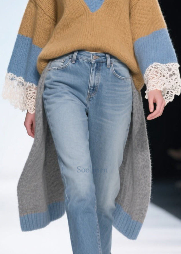 Brown Low High Design Patchwork Long Sweaters Winter