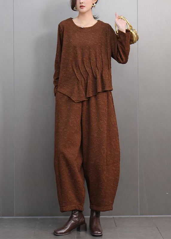 Brown O-neck Print T Shirts and Lantern Pants Two Pieces Set Spring