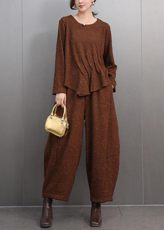 Brown O-neck Print T Shirts and Lantern Pants Two Pieces Set Spring