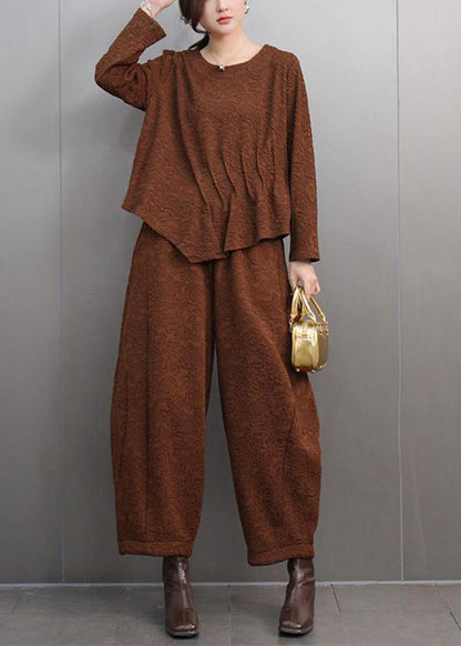 Brown O-neck Print T Shirts and Lantern Pants Two Pieces Set Spring