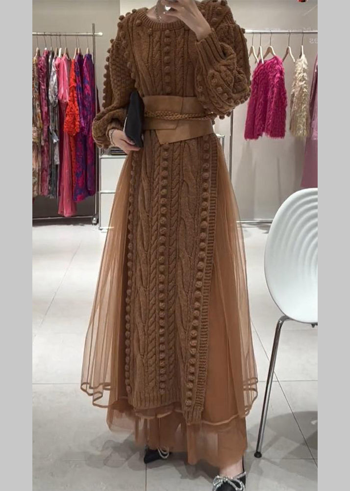 Brown O-neck Tie Waist Tulle Patchwork Knit Long Dress Fall