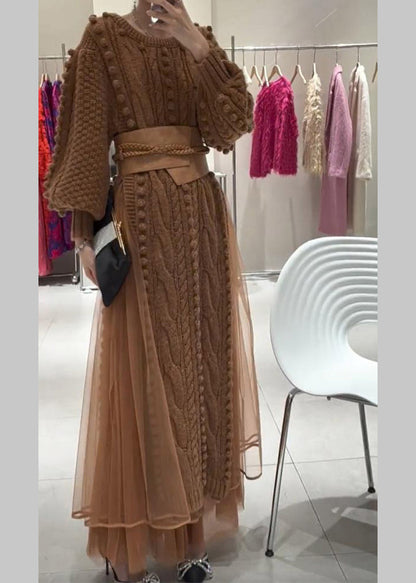 Brown O-neck Tie Waist Tulle Patchwork Knit Long Dress Fall
