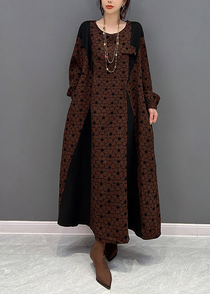 Brown O Neck Wrinkled Print Patchwork Cotton Long Dresses Fall