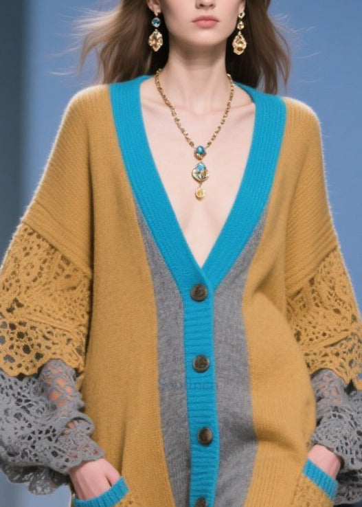 Brown Oversized Patchwork Lace Knit Cardigans Fall