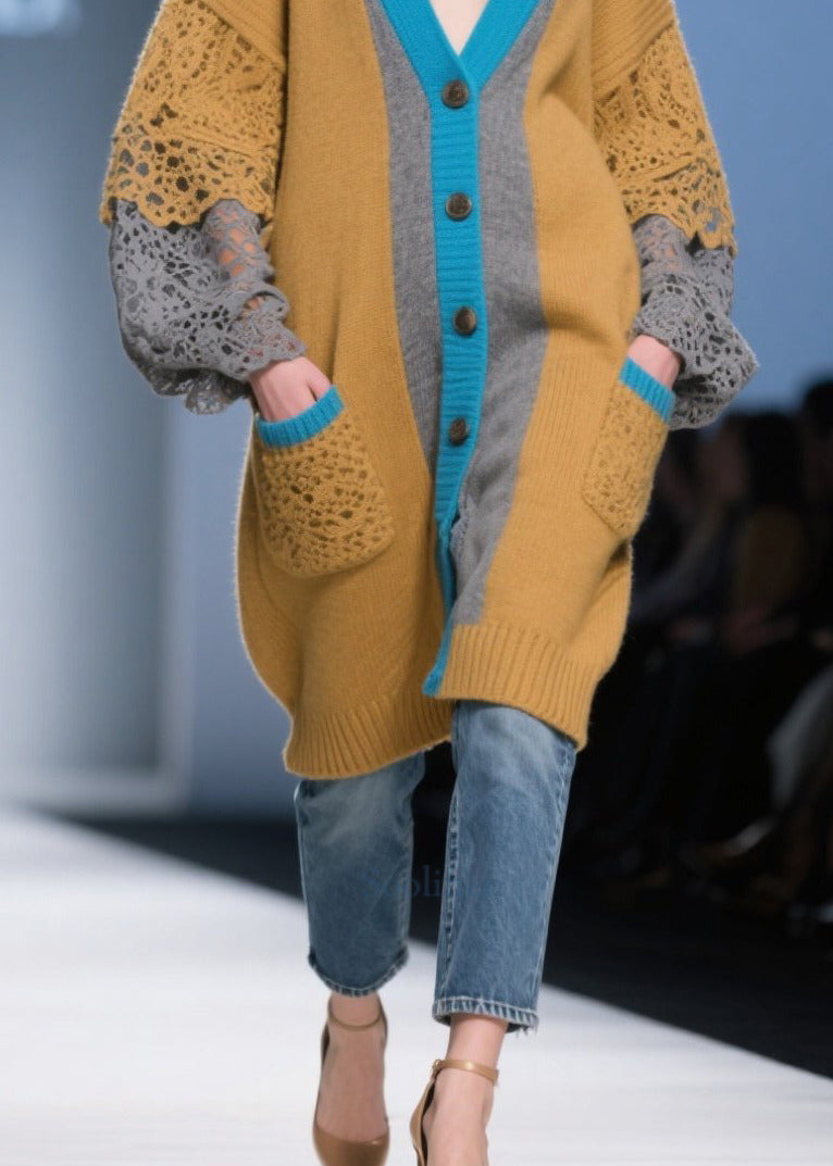 Brown Oversized Patchwork Lace Knit Cardigans Fall