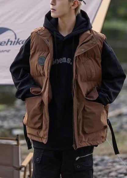Brown Oversized Pockets Fine Cotton Filled Vest Clothing Winter