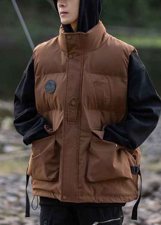 Brown Oversized Pockets Fine Cotton Filled Vest Clothing Winter