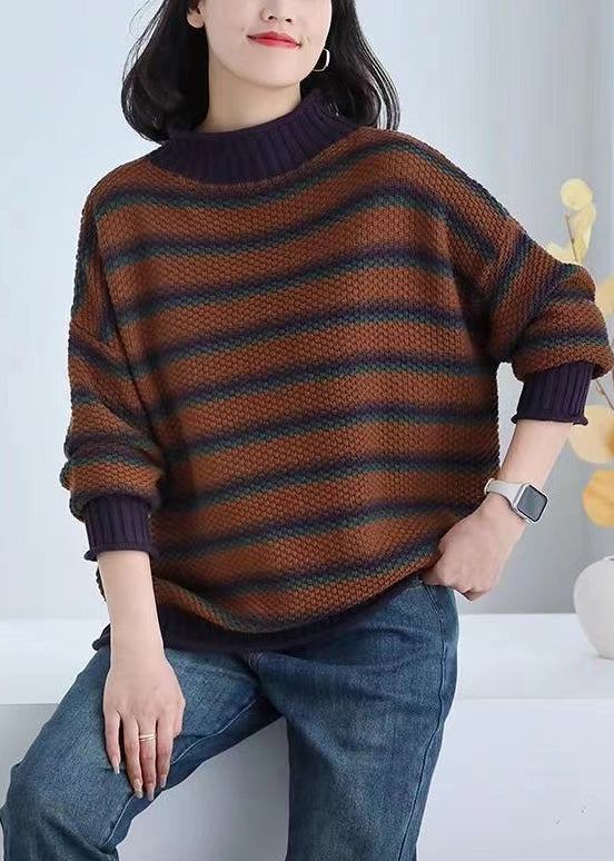 Brown Oversized Striped Knitted Tops Spring