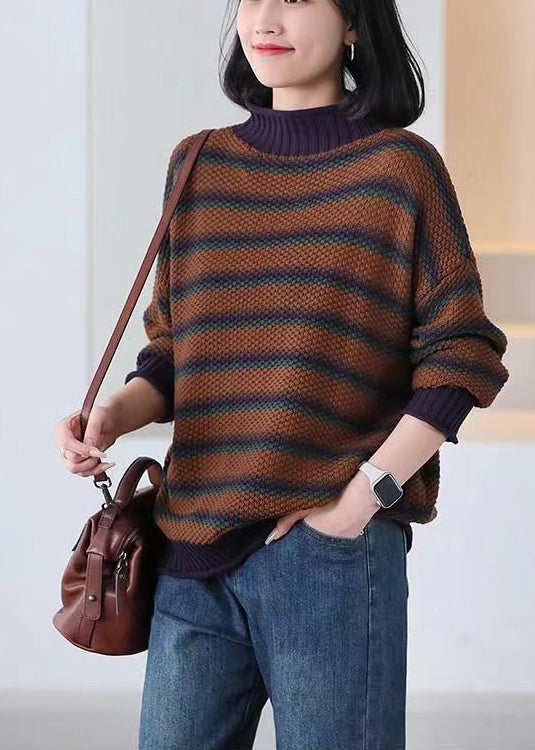 Brown Oversized Striped Knitted Tops Spring