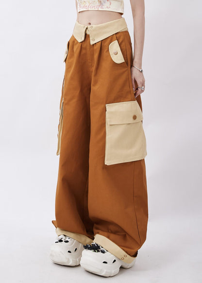 Brown Patchwork Pockets Cotton Pants Trousers Spring