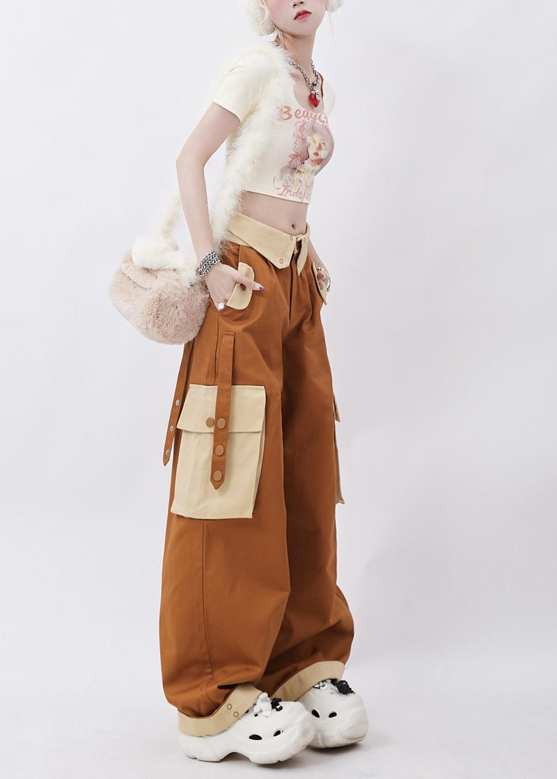 Brown Patchwork Pockets Cotton Pants Trousers Spring